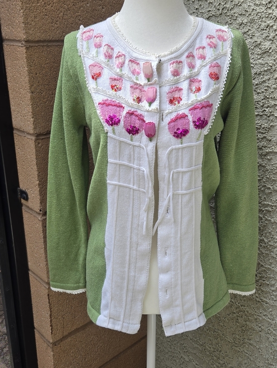 Storybook Knits Sweaters - Storybook Knits Green and White Floral Appliqué Women’s Sweater Cardigan Tulips